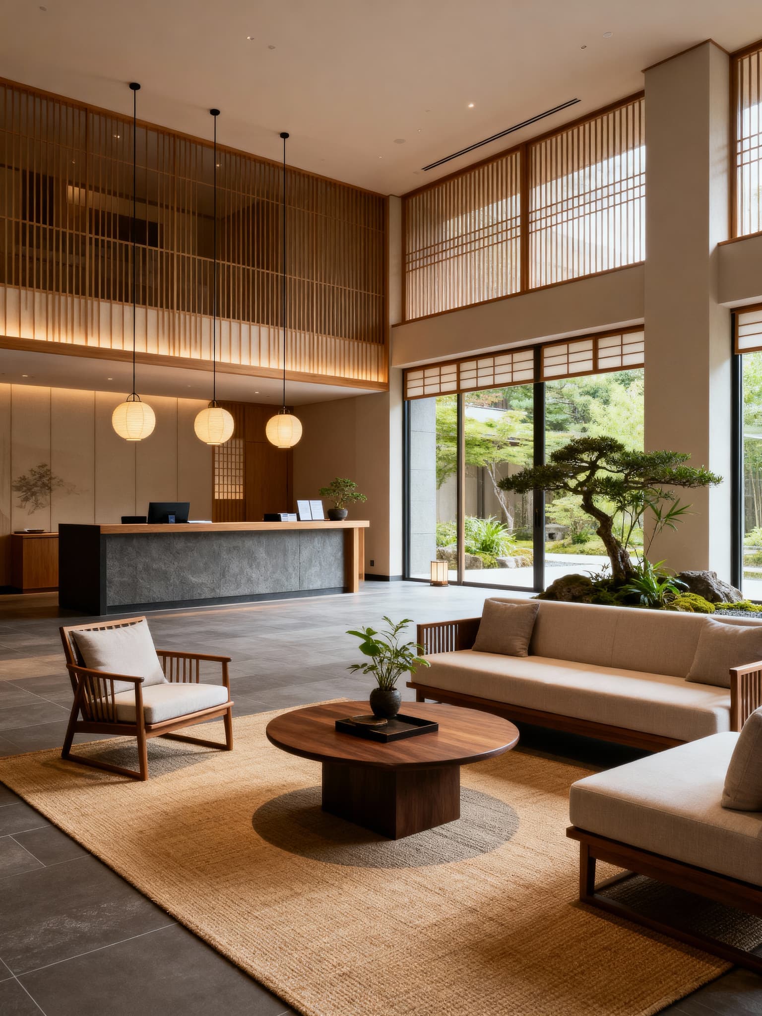 Zen style hotel lobby